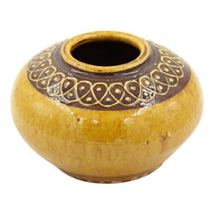 Low Round Yellow and Brown Patterned Rim Ceramic Vase