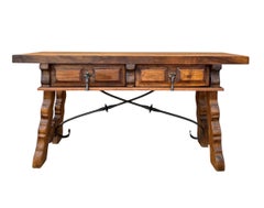 Low Rustic Walnut Console Table with Two Drawers and Iron Stretcher