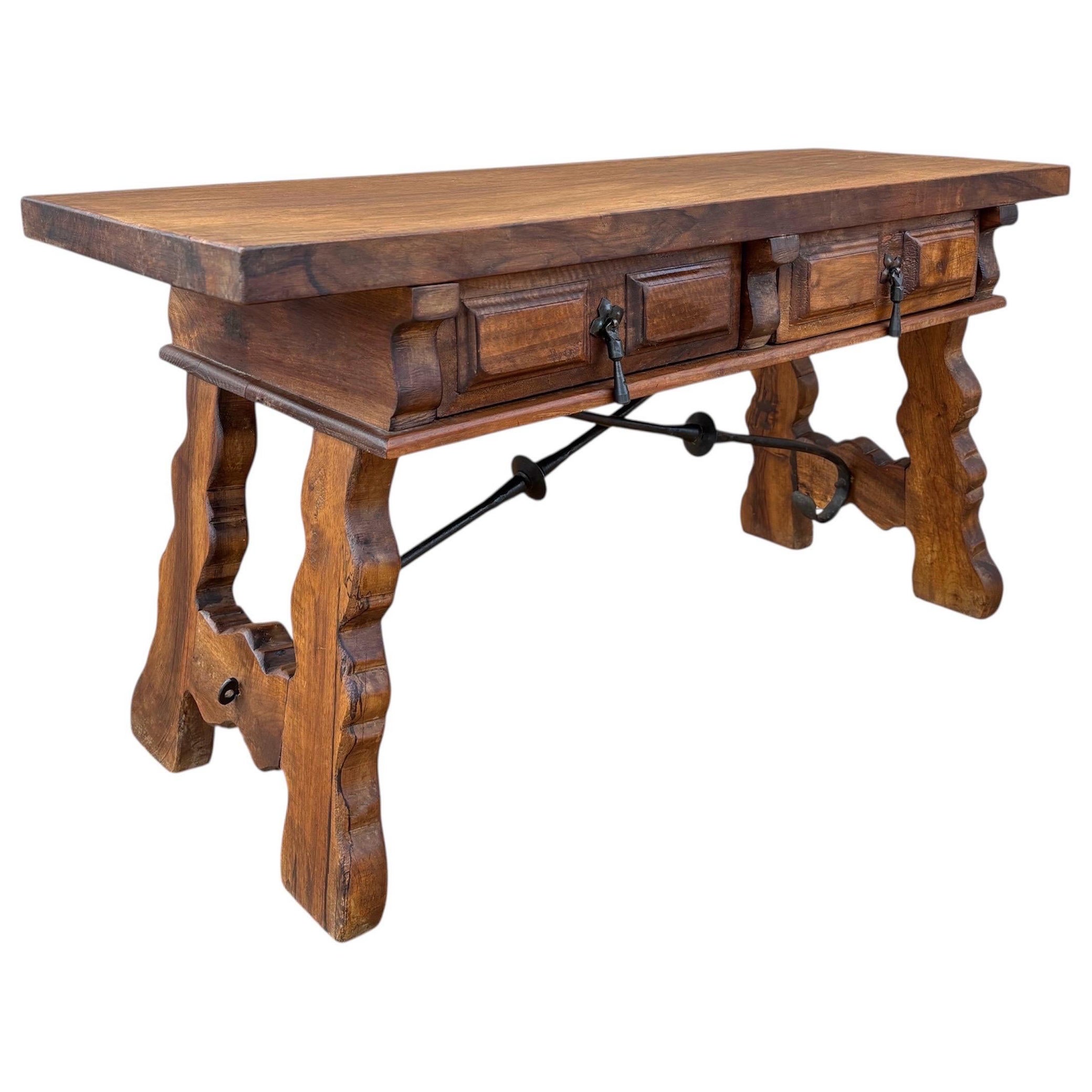Low Rustic Walnut Console Table with Two Drawers and Iron Stretcher For Sale