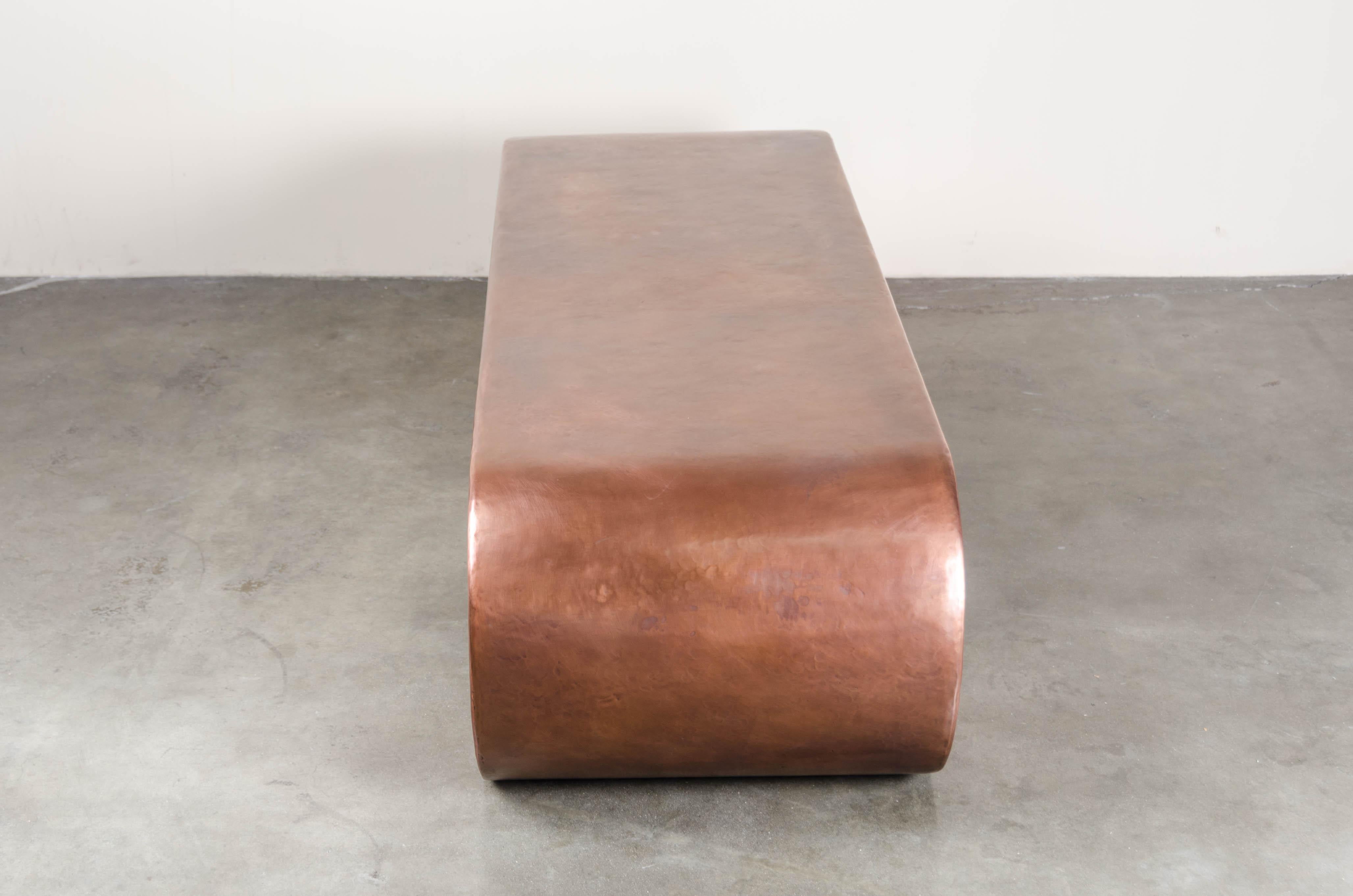Contemporary Low Scroll Design Table, Antique Copper by Robert Kuo, Hand Repousse For Sale
