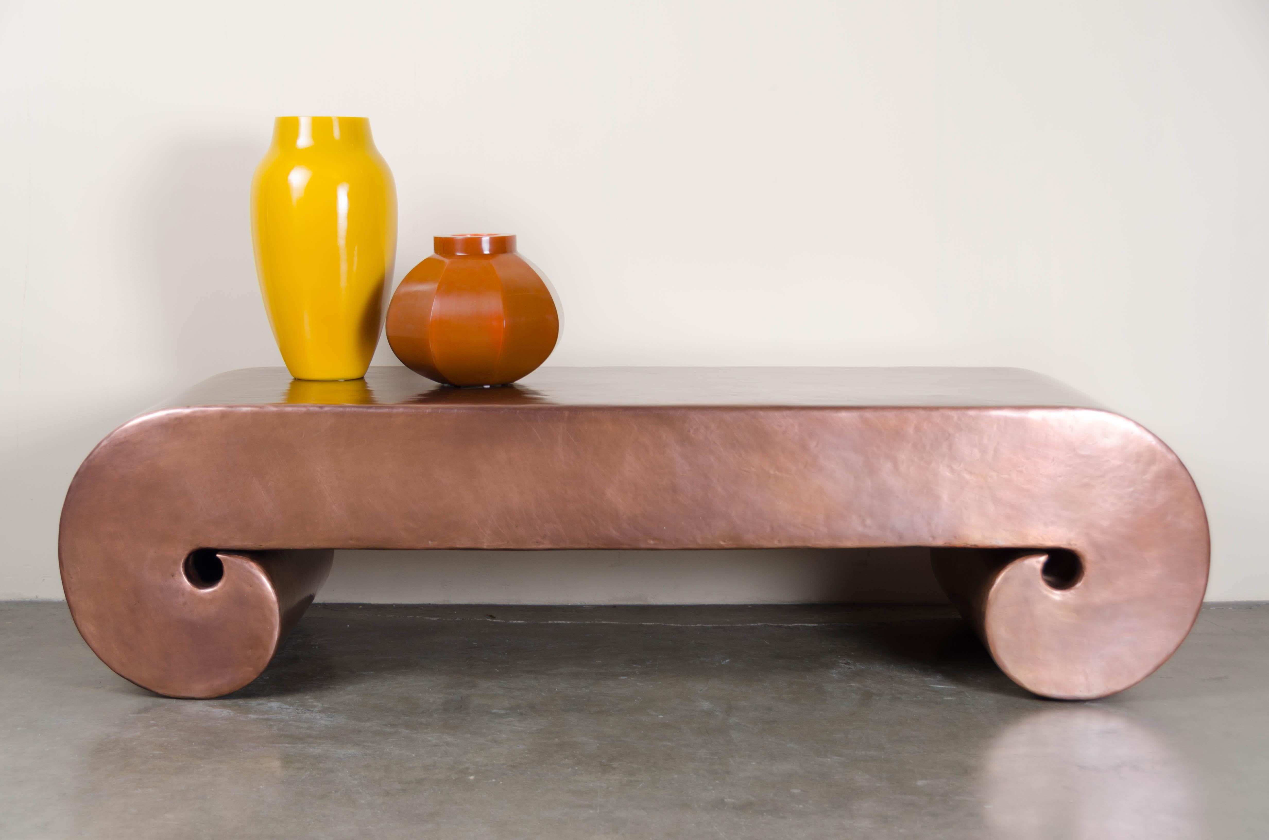 Low Scroll Design Table, Antique Copper by Robert Kuo, Hand Repousse For Sale 1