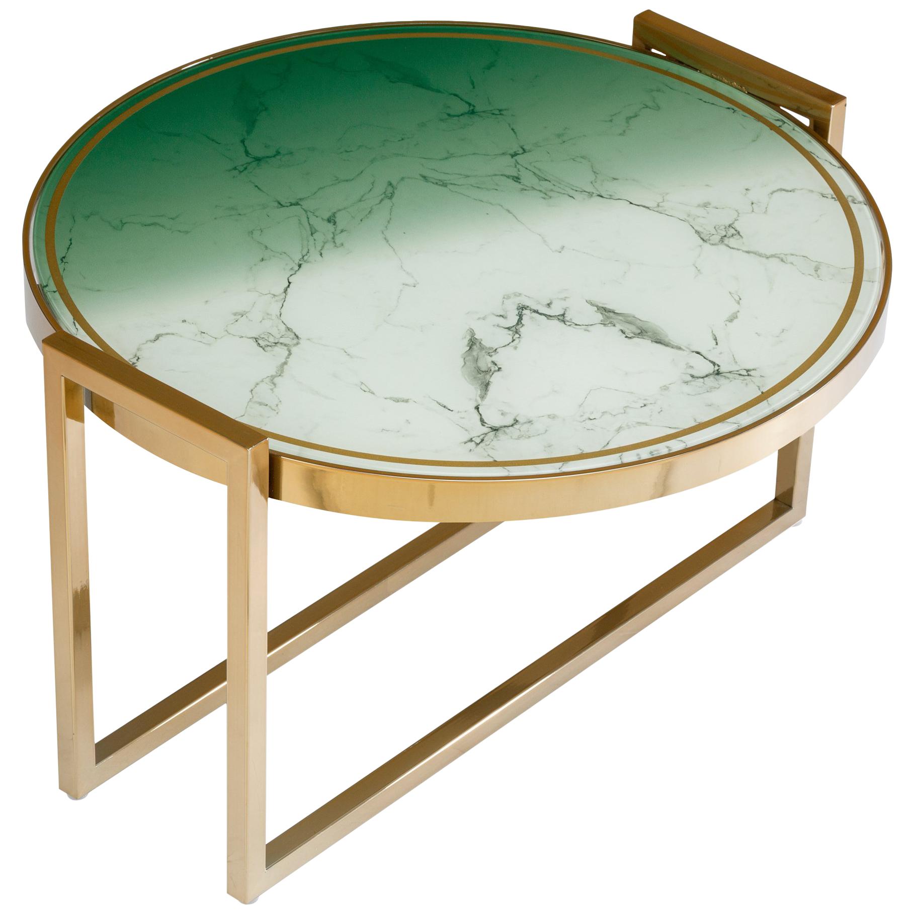  Low Side Table Norman Marble Printed Glass Top and Plated Brass Base For Sale