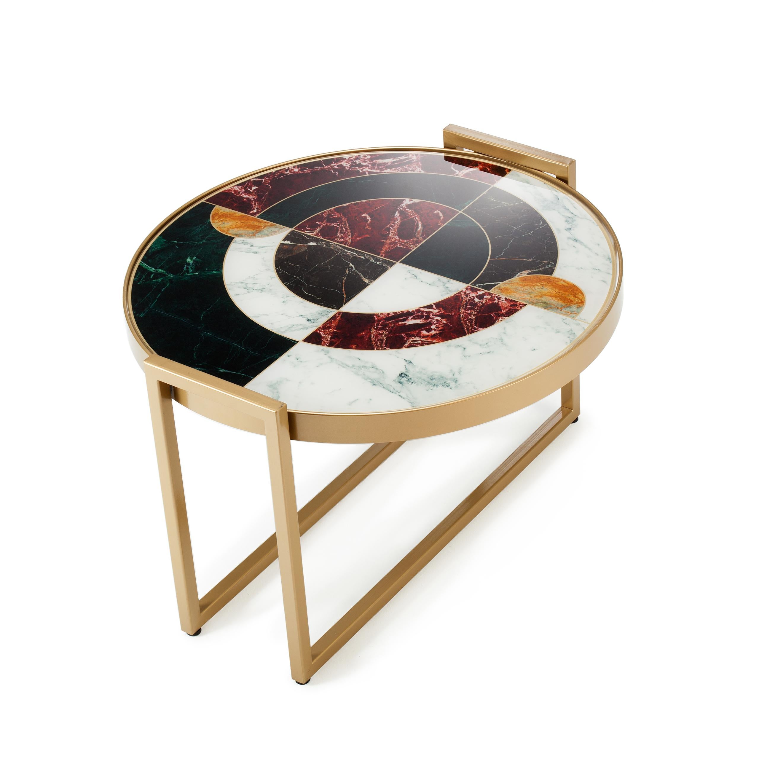 Norman side table brings a modern twist to traditional marble. A round top with bold, geometric pattern printed on tempered glass sits on a lacquered metal structure, making Norman a truly unique piece. Made to Order. 
