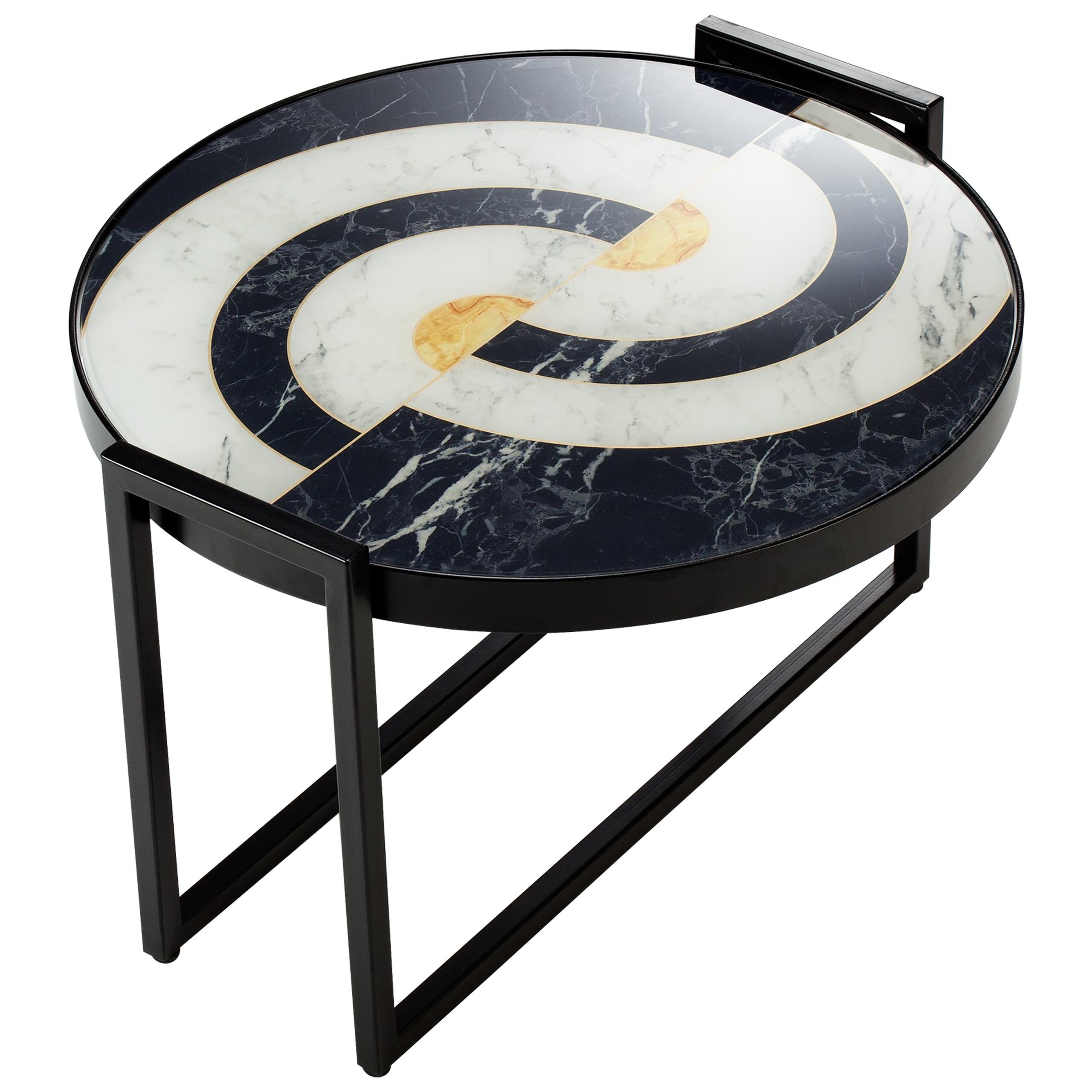  Norman Low Side Table with Marbled Printed Glass and Black Lacquered Base For Sale