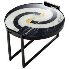  Norman Low Side Table with Marbled Printed Glass and Black Lacquered Base