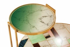 Low Side Table Norman, Oval Green Printed Glass Top and Plated Brass Base