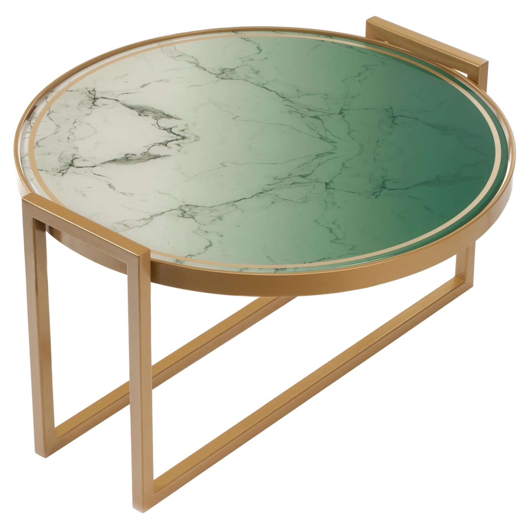 Norman side table with laquered base and printed glass top. Made to Order with special size 23