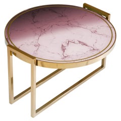 Niedriger Beistelltisch Norman, ovale Mauve-Druckglasplatte und Sockel aus versilbertem Messing