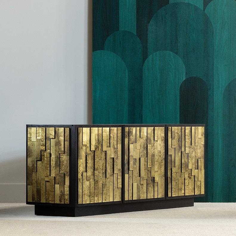 Contemporary Low Sideboard Featuring Layered Brass Door Facades For Sale