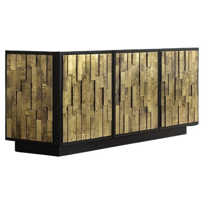 Low Sideboard Featuring Layered Brass Door Facades For Sale