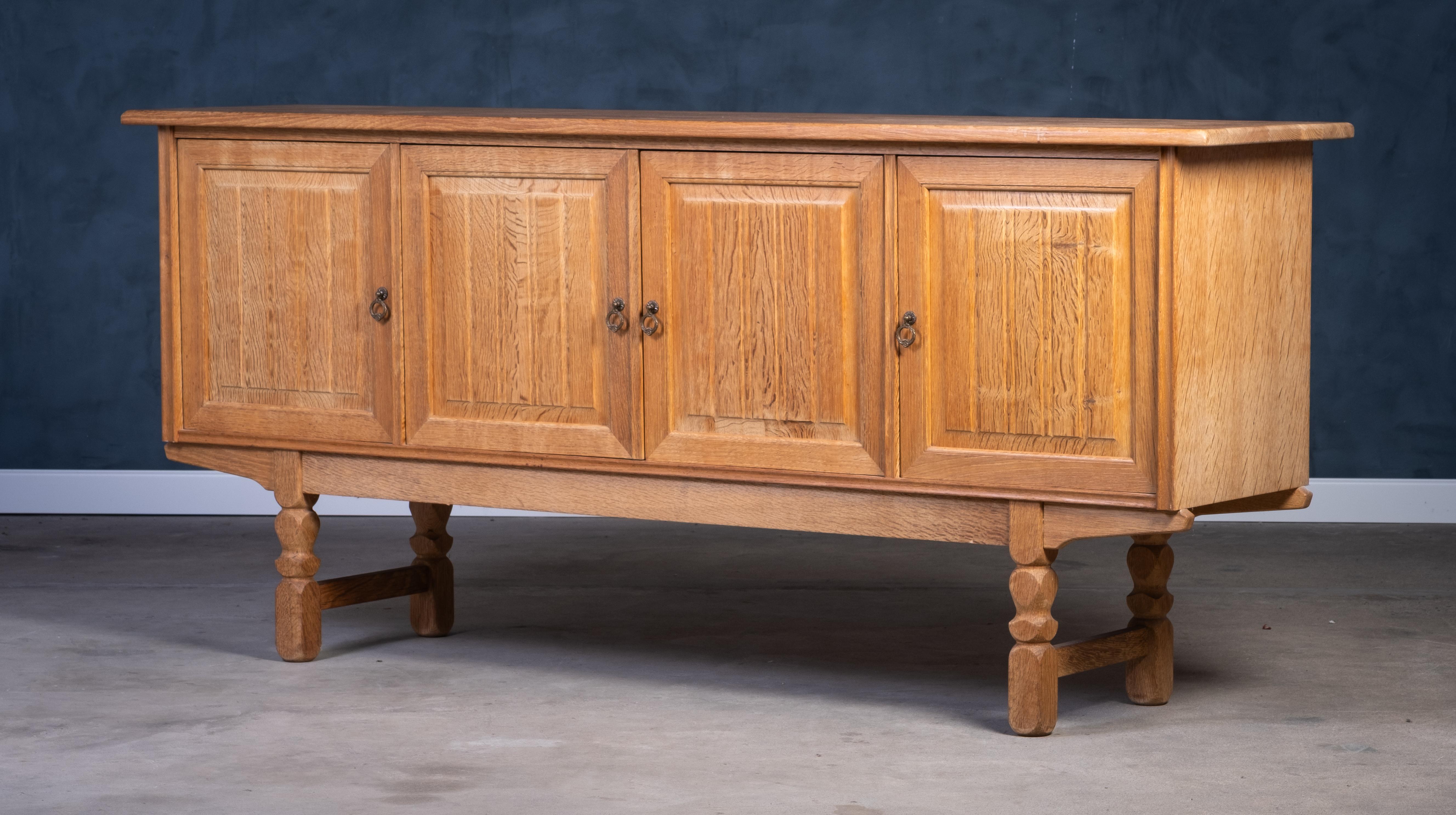 Brutalist Low Sideboard in Solid Oak by Henning Kjærnulf, 1960s For Sale