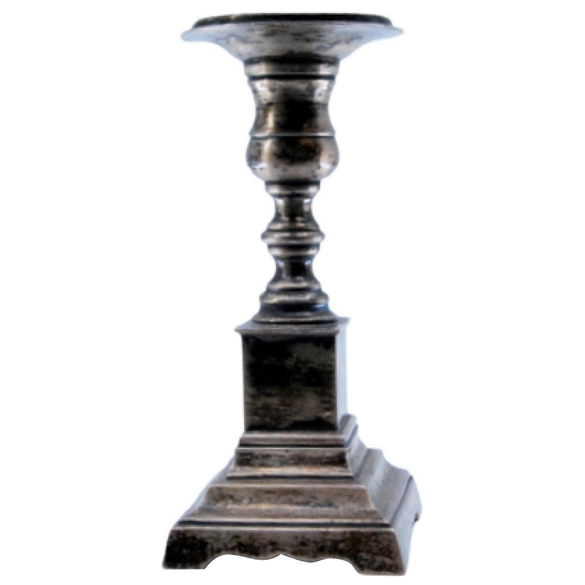Low silver candlestick with square shaft and base