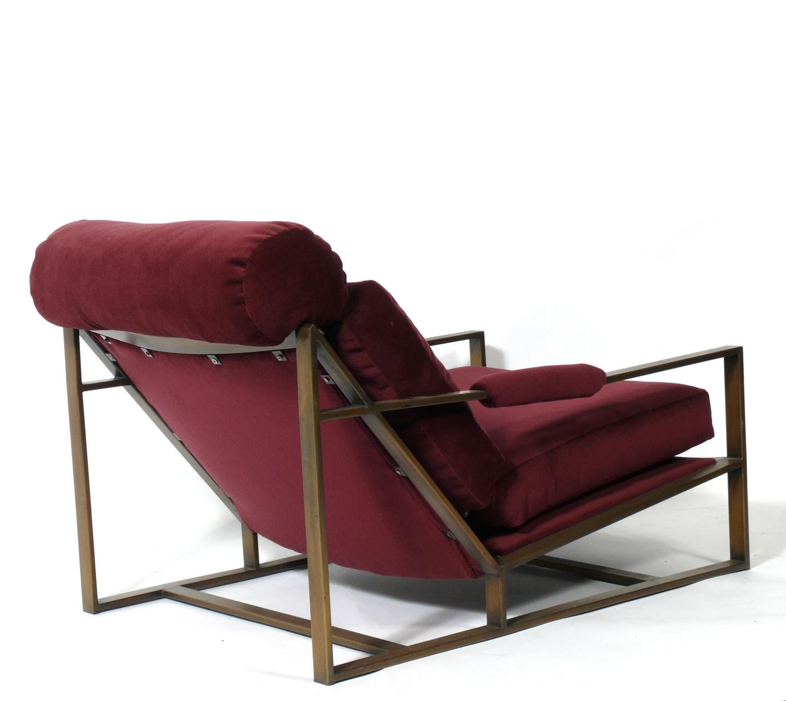Low Slung lounge chair in bronze finish, designed by Milo Baughman for Thayer Coggin, American, circa 1960s. Retains it's original cabernet color velvety upholstery. The bronze finished metal frame retains it's warm original patina.
