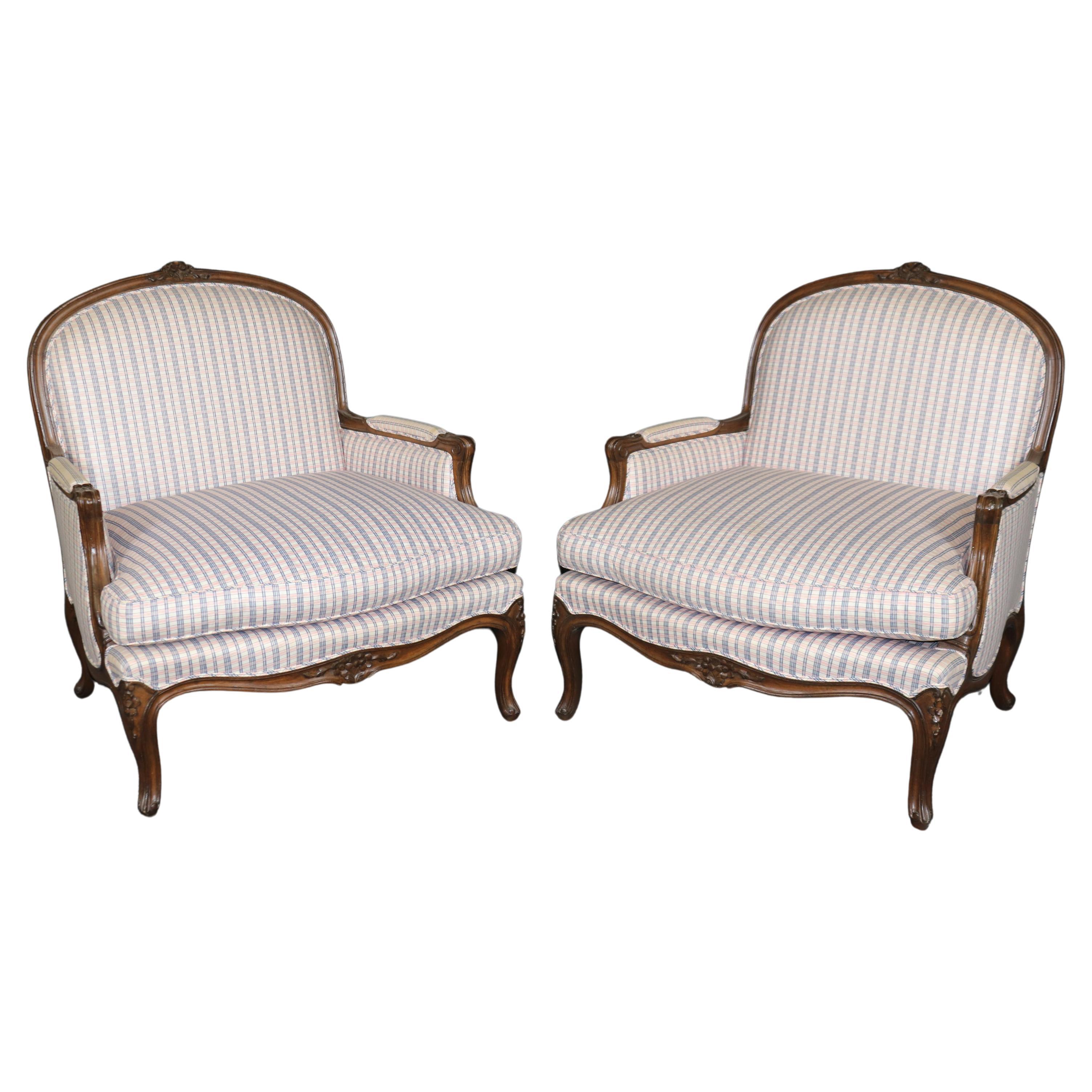 Low Slung Pair Carved Walnut French Carved Louis XV Bergere Chairs