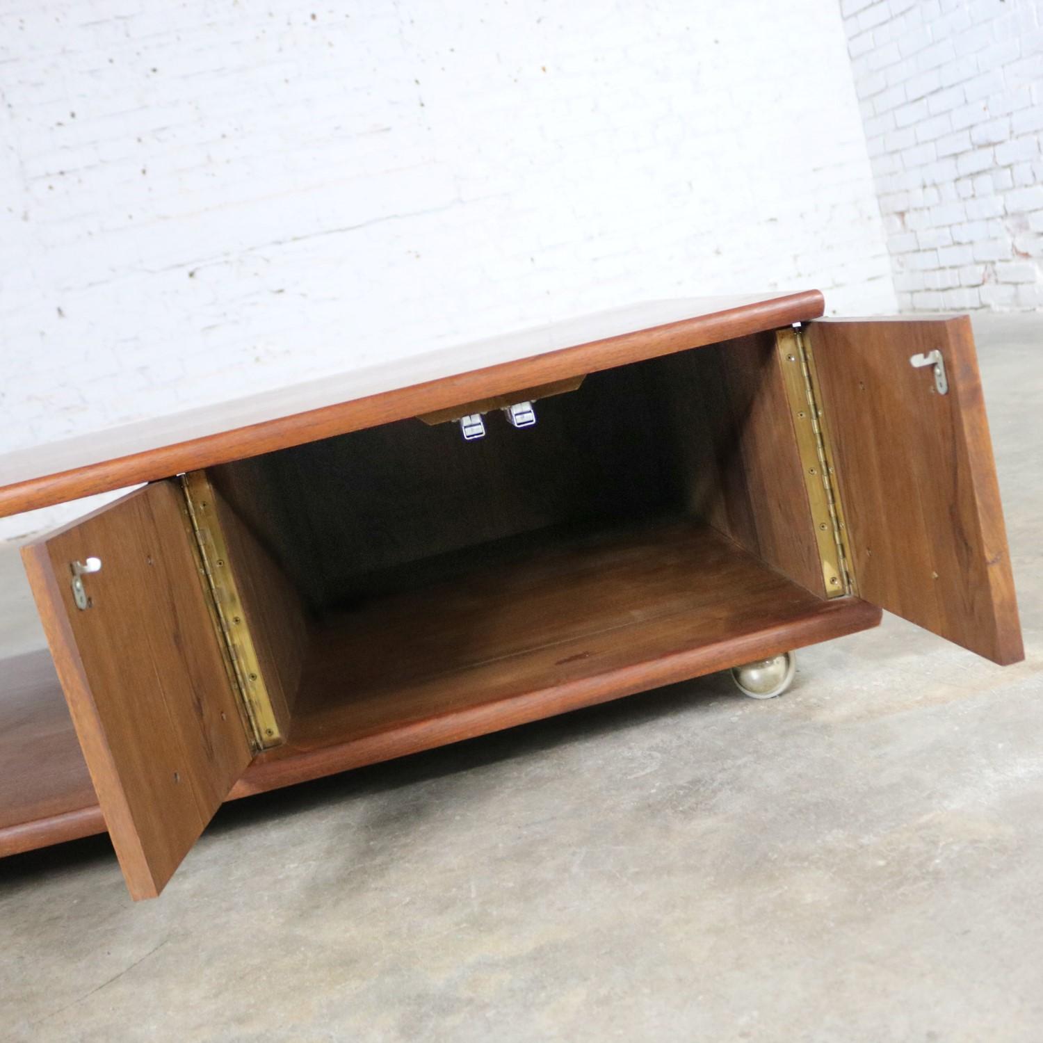 Low Slung Walnut Midcentury Rectangular Coffee Table with Storage on Casters 1