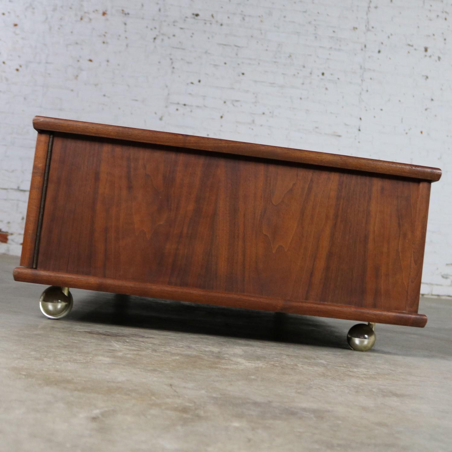 American Low Slung Walnut Midcentury Rectangular Coffee Table with Storage on Casters