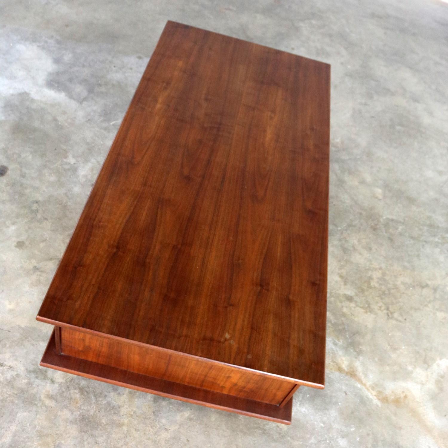 20th Century Low Slung Walnut Midcentury Rectangular Coffee Table with Storage on Casters