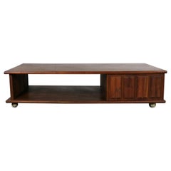 Low Slung Walnut Midcentury Rectangular Coffee Table with Storage on Casters