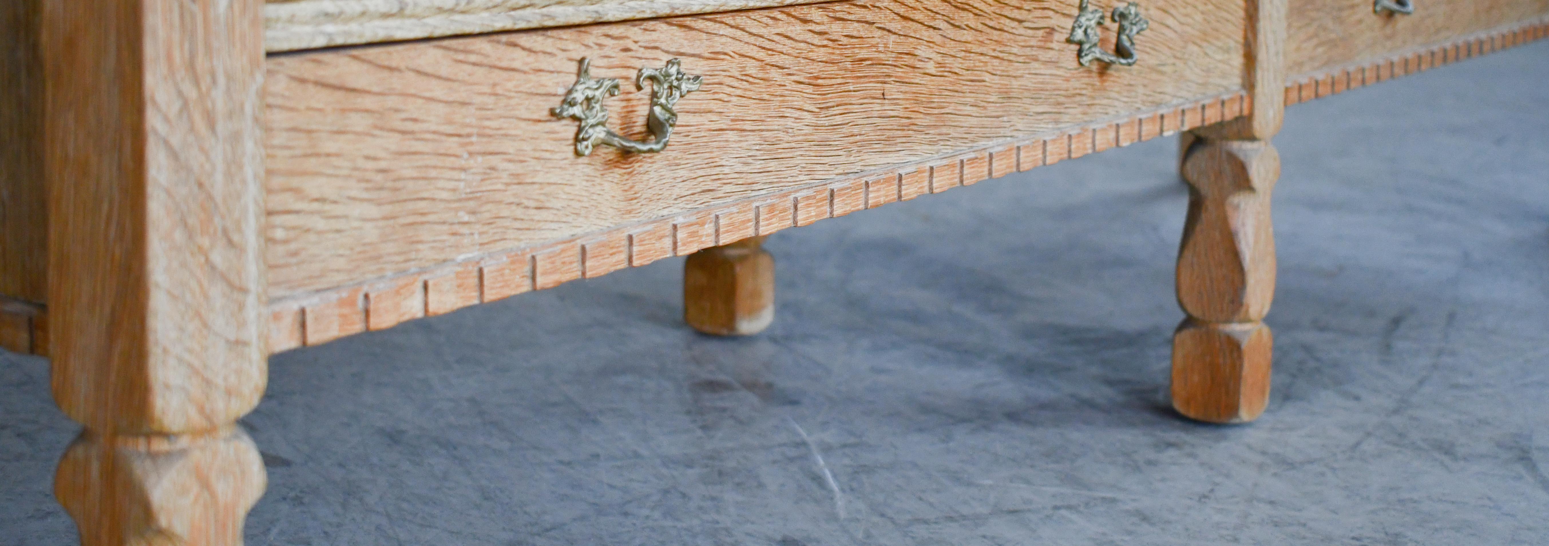 Mid-20th Century Low Solid Carved Credenza in Oak by Henning Kjærnulf 60's For Sale