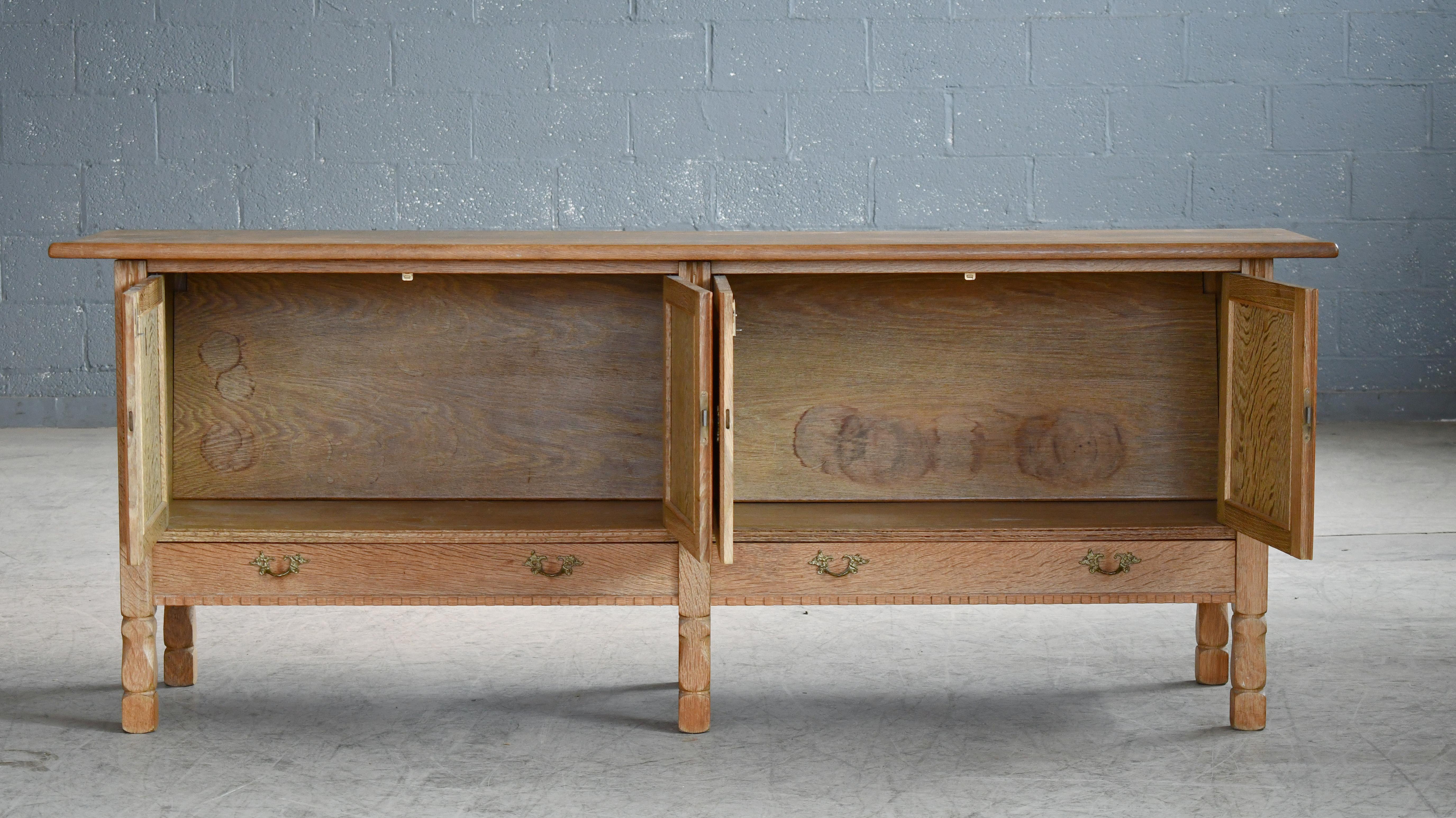 Low Solid Carved Credenza in Oak by Henning Kjærnulf 60's For Sale 1