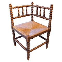 Low Spanish Armchair with Turned Legs and Rush Seat