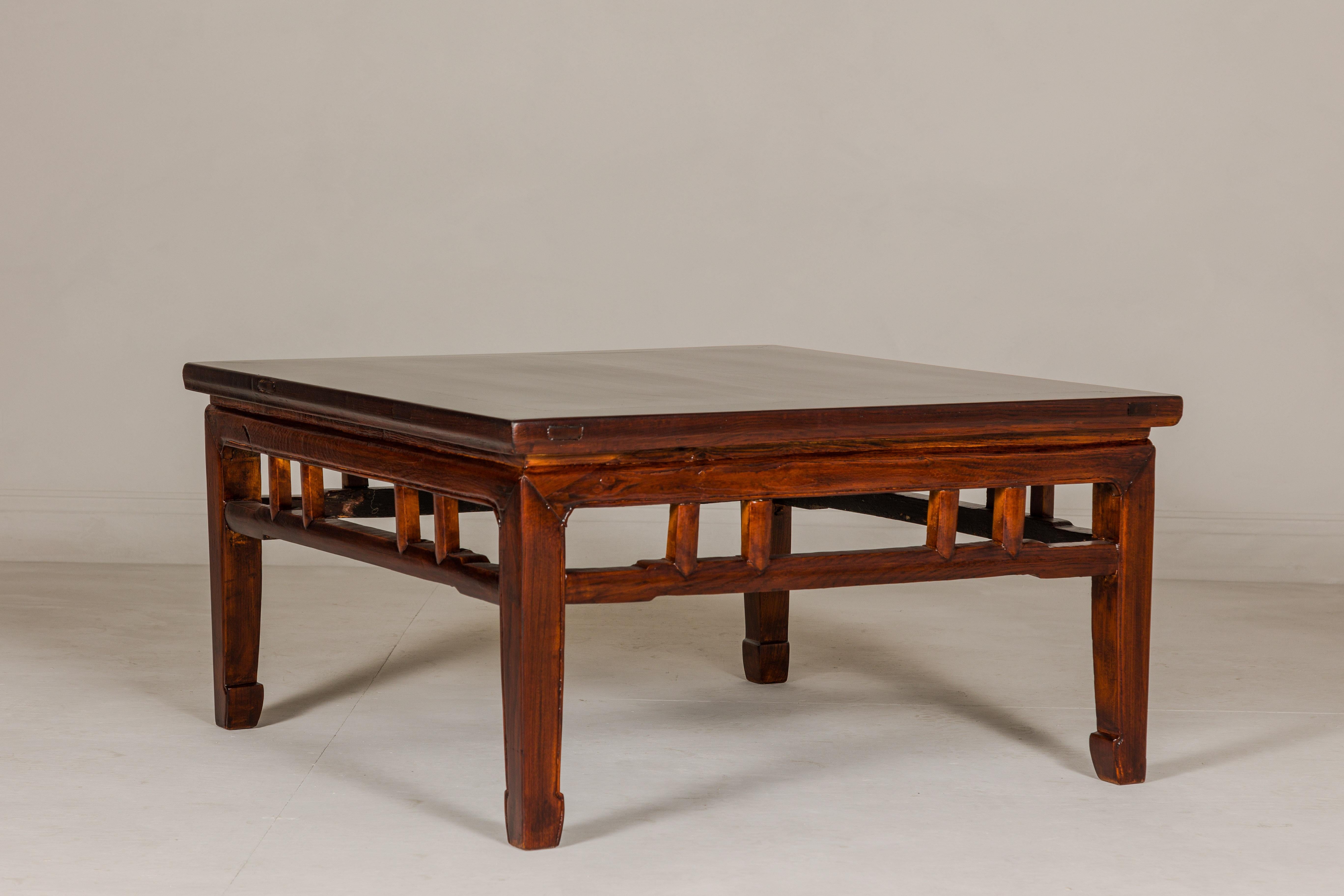 Low Square Coffee Table with Brown Lacquer, Horse Hoof Legs, Humpback Stretcher  For Sale 4