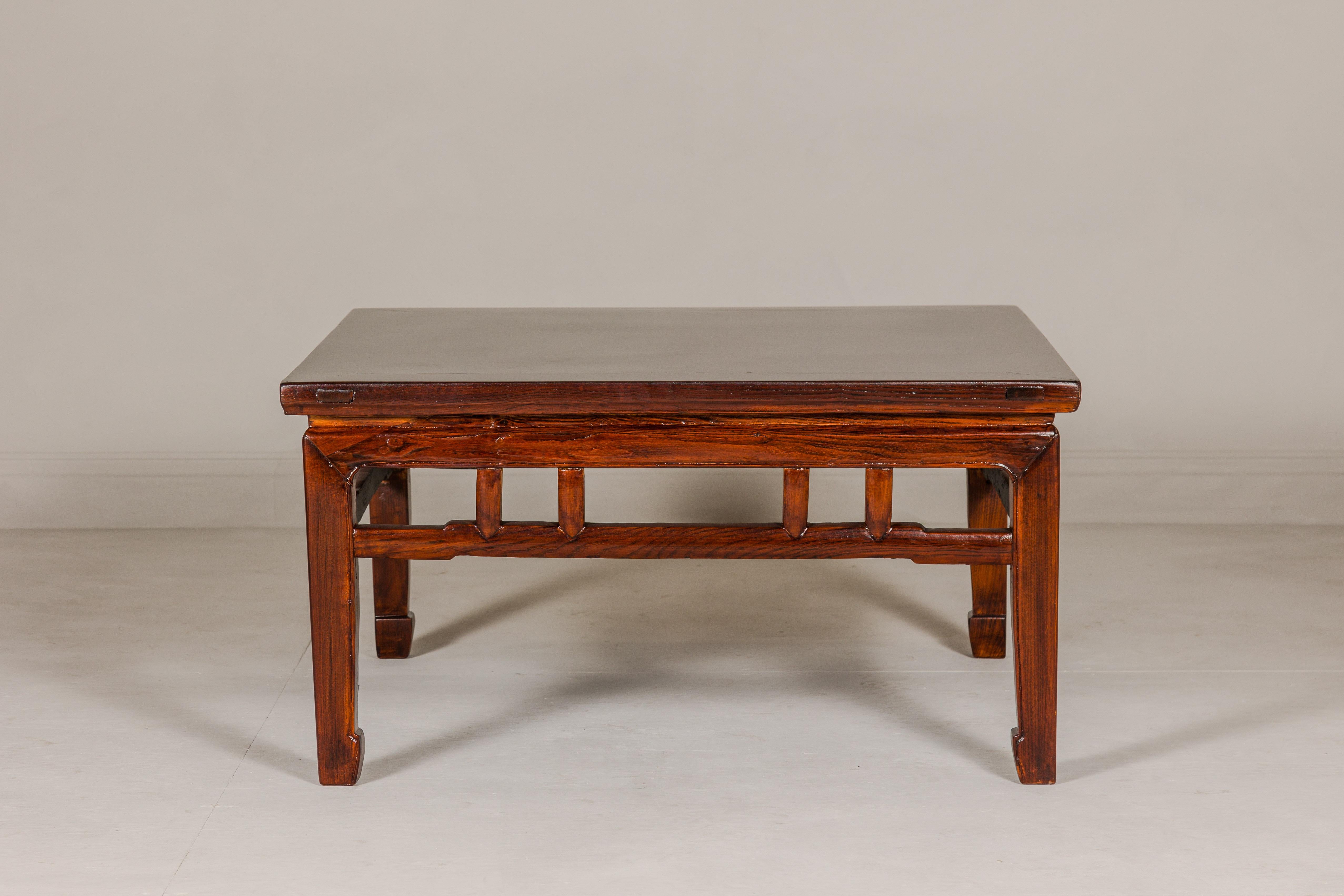 Chinese Low Square Coffee Table with Brown Lacquer, Horse Hoof Legs, Humpback Stretcher  For Sale
