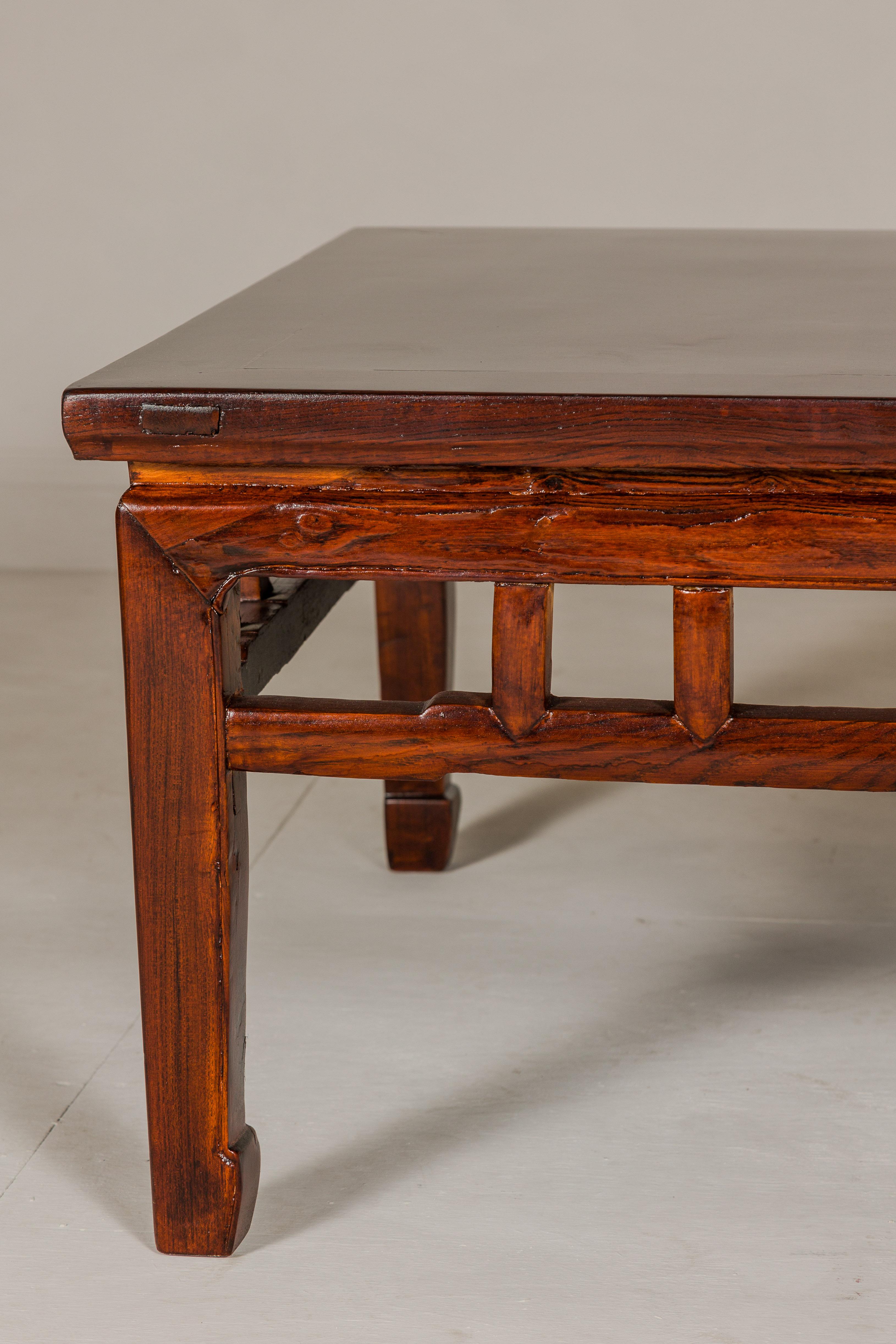 Wood Low Square Coffee Table with Brown Lacquer, Horse Hoof Legs, Humpback Stretcher  For Sale