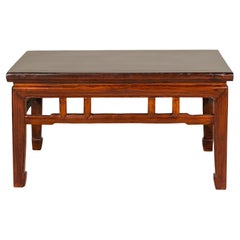 Low Square Coffee Table with Brown Lacquer, Horse Hoof Legs, Humpback Stretcher 