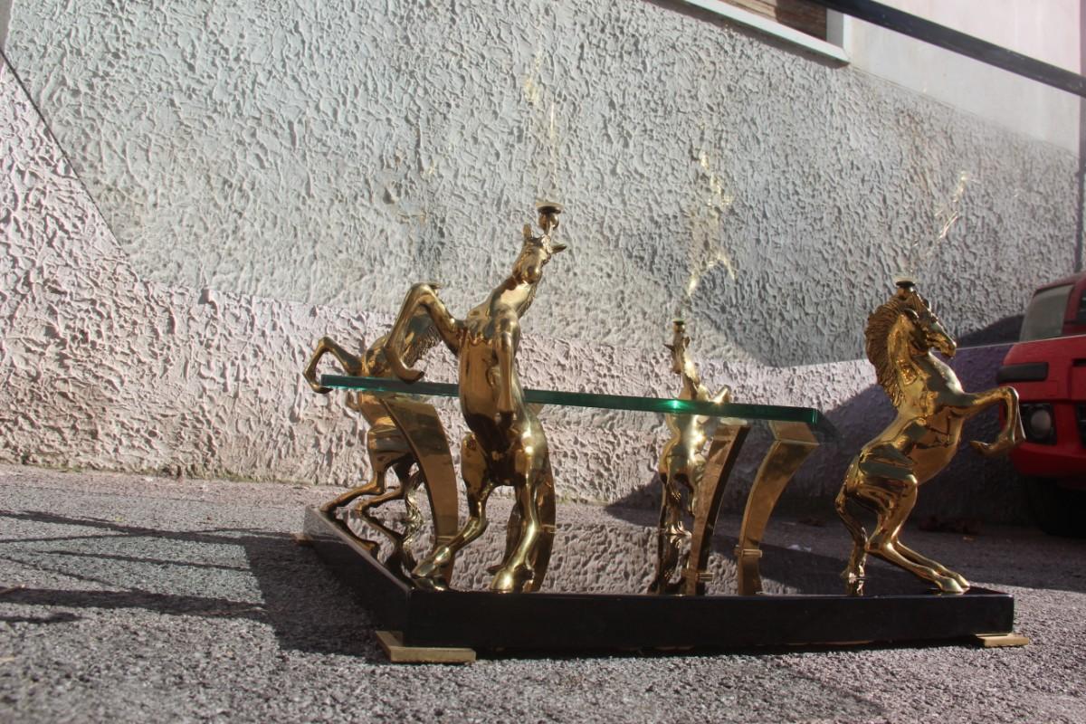 Low Square Glass Coffee Table and 24 Karat Golden Brass Horses Italian Design 1