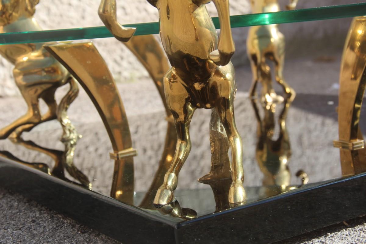 Low Square Glass Coffee Table and 24 Karat Golden Brass Horses Italian Design 2