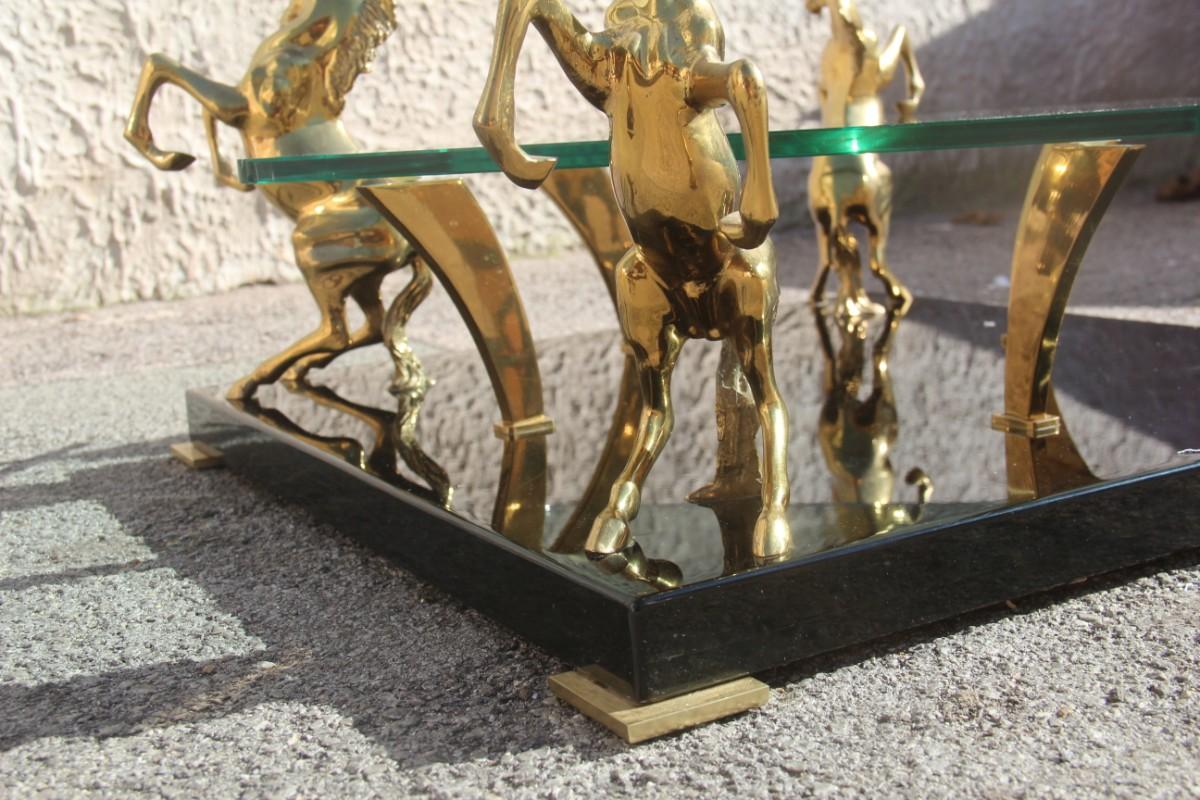 Low Square Glass Coffee Table and 24 Karat Golden Brass Horses Italian Design 3