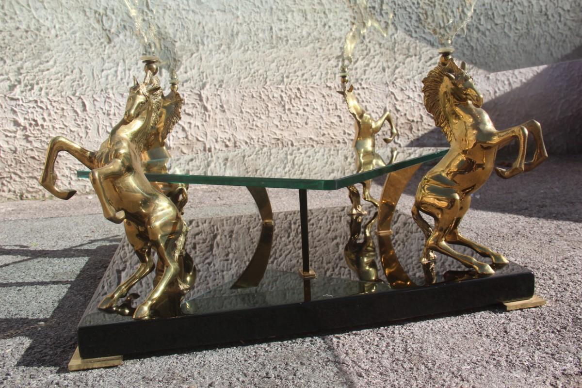 Low Square Glass Coffee Table and 24 Karat Golden Brass Horses Italian Design 5