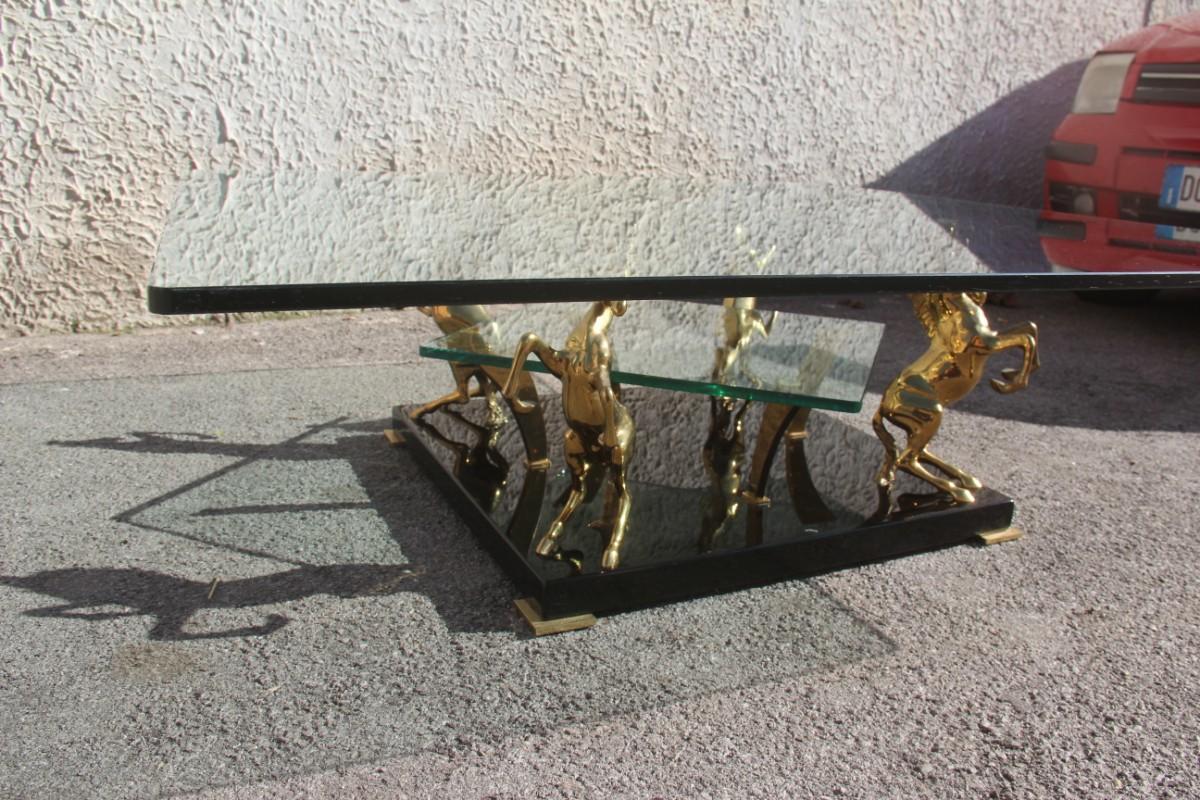 Low Square Glass Coffee Table and 24 Karat Golden Brass Horses Italian Design 11