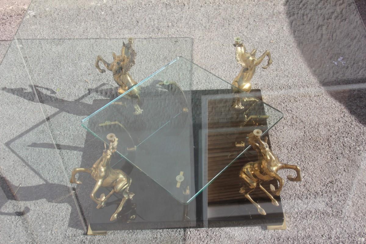 Low Square Glass Coffee Table and 24 Karat Golden Brass Horses Italian Design In Good Condition In Palermo, Sicily