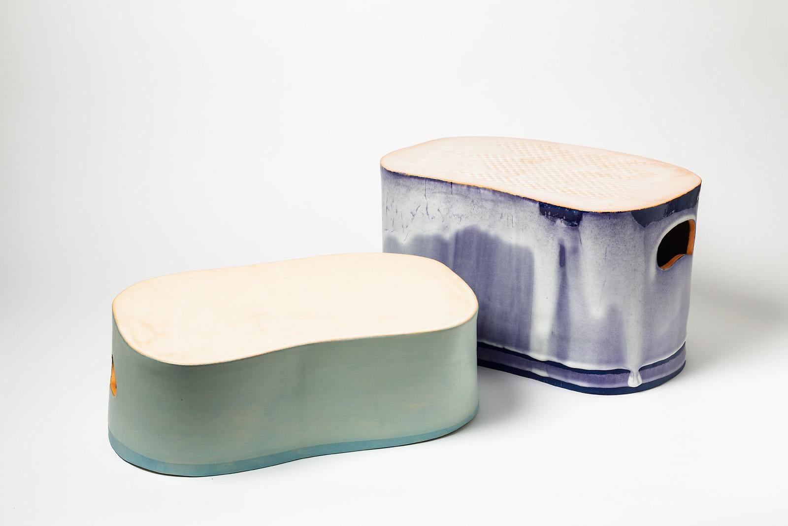Low Stoneware Ceramic Stool Blue and White Glazes Colors by Morin French Design 5