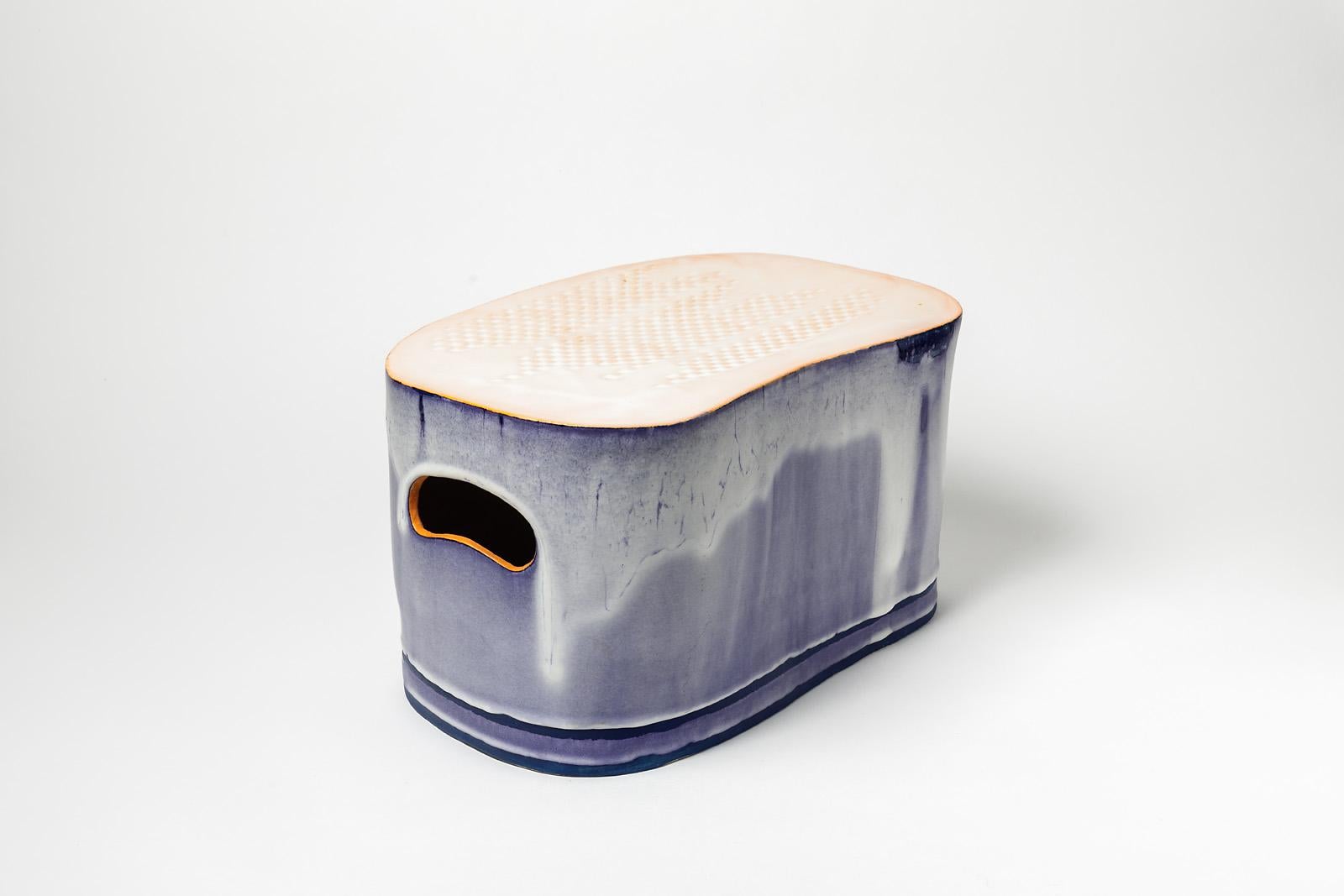 Modern Low Stoneware Ceramic Stool Blue and White Glazes Colors by Morin French Design