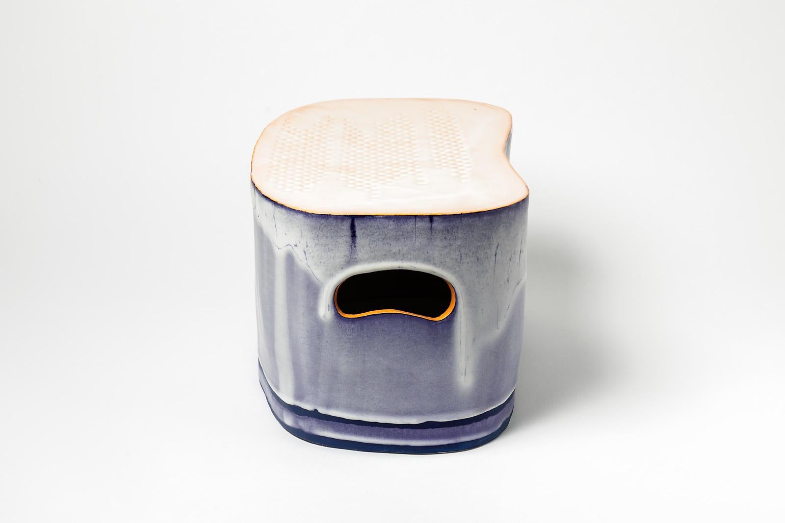 Low Stoneware Ceramic Stool Blue and White Glazes Colors by Morin French Design In Excellent Condition In Neuilly-en- sancerre, FR