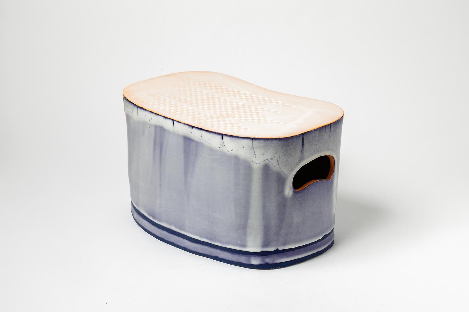 Contemporary Low Stoneware Ceramic Stool Blue and White Glazes Colors by Morin French Design