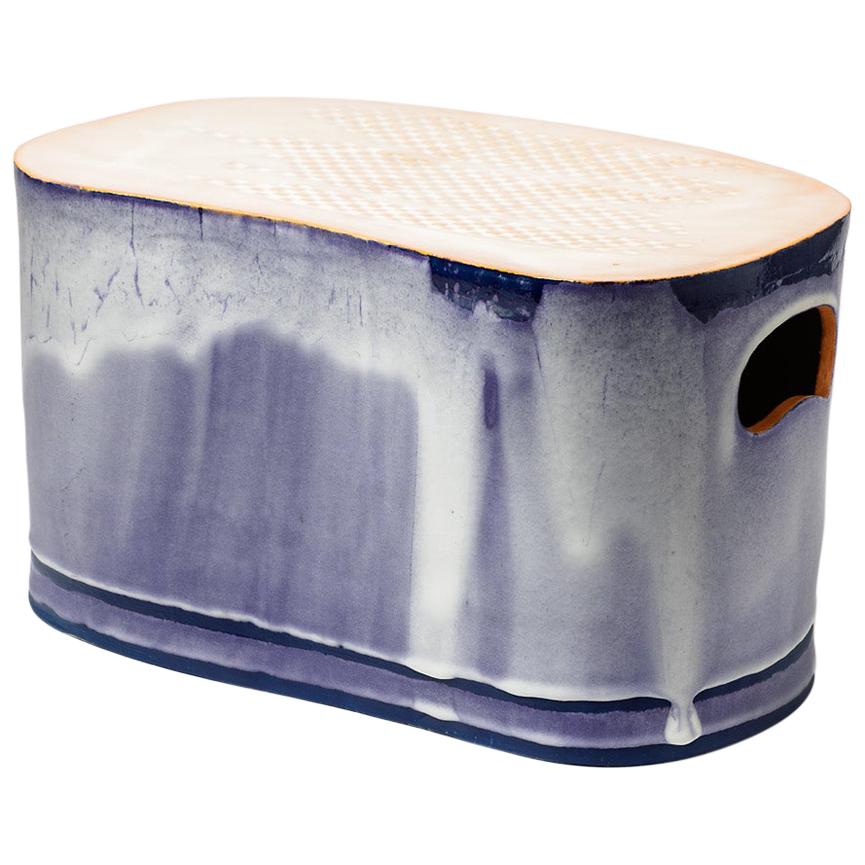Low Stoneware Ceramic Stool Blue and White Glazes Colors by Morin French Design