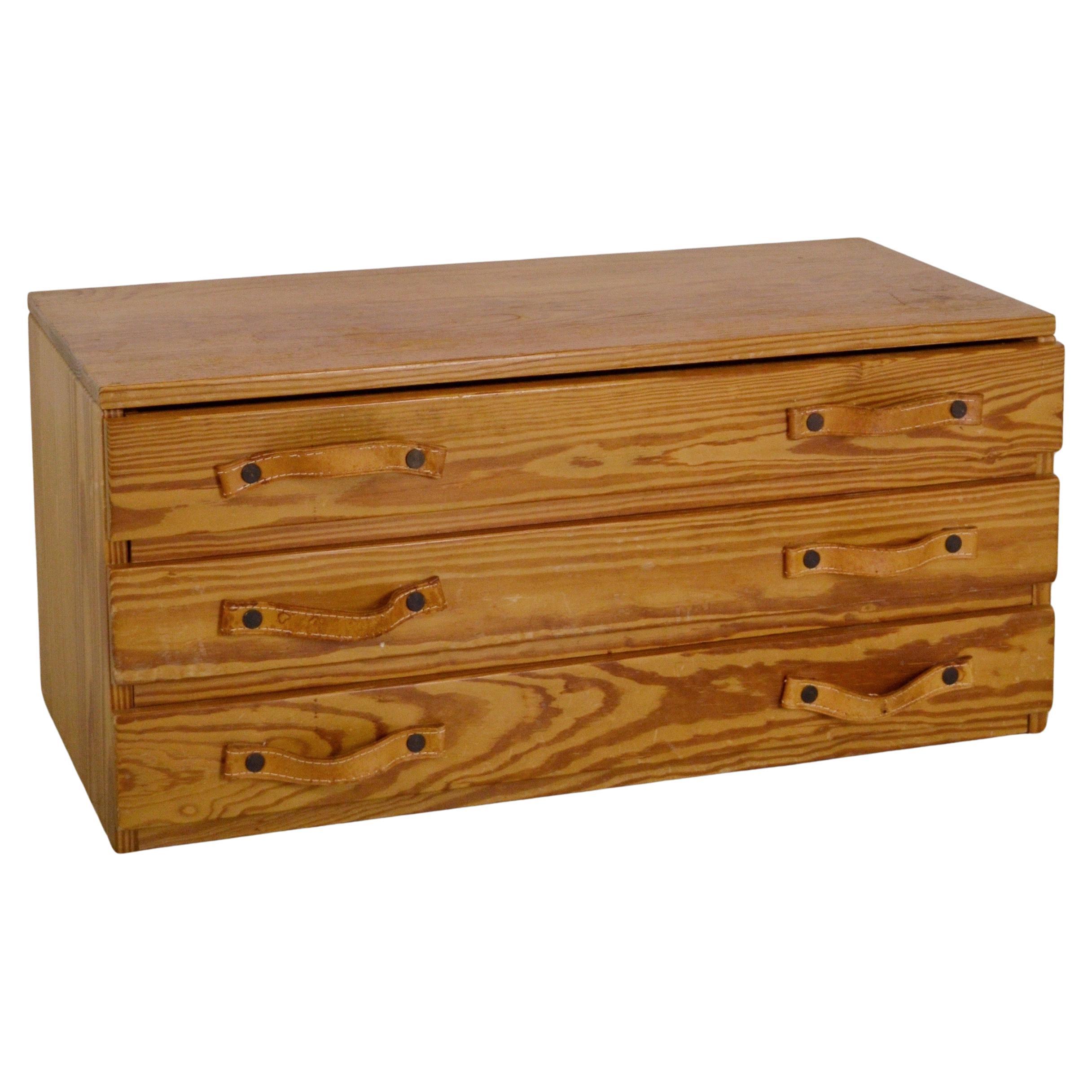 Low Swedish Chest of Drawers in Pine with Leather Pulls For Sale