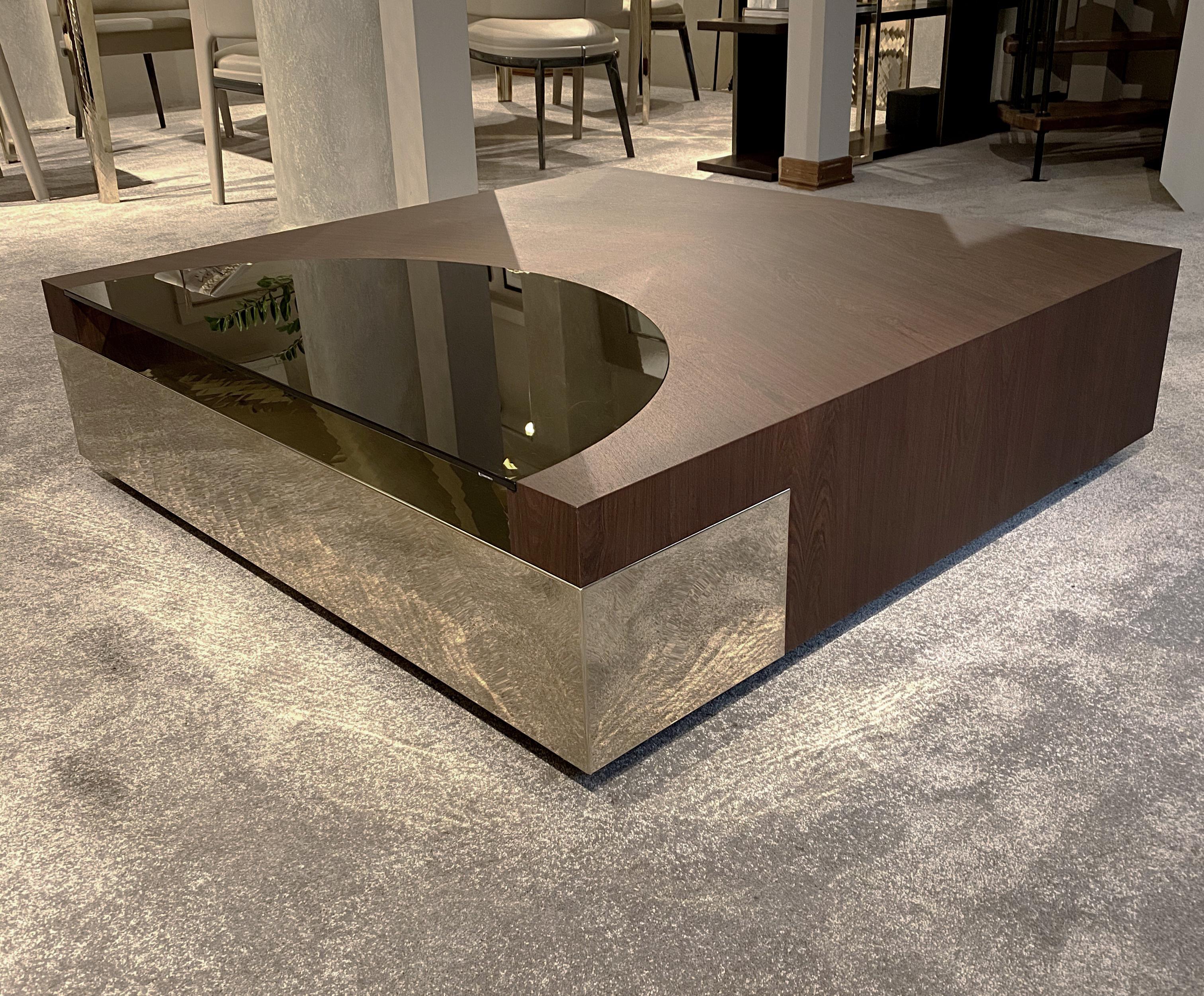 Low table by Andrea Bonini in steel gold finish, walnut smoked wood and bronzed glass.