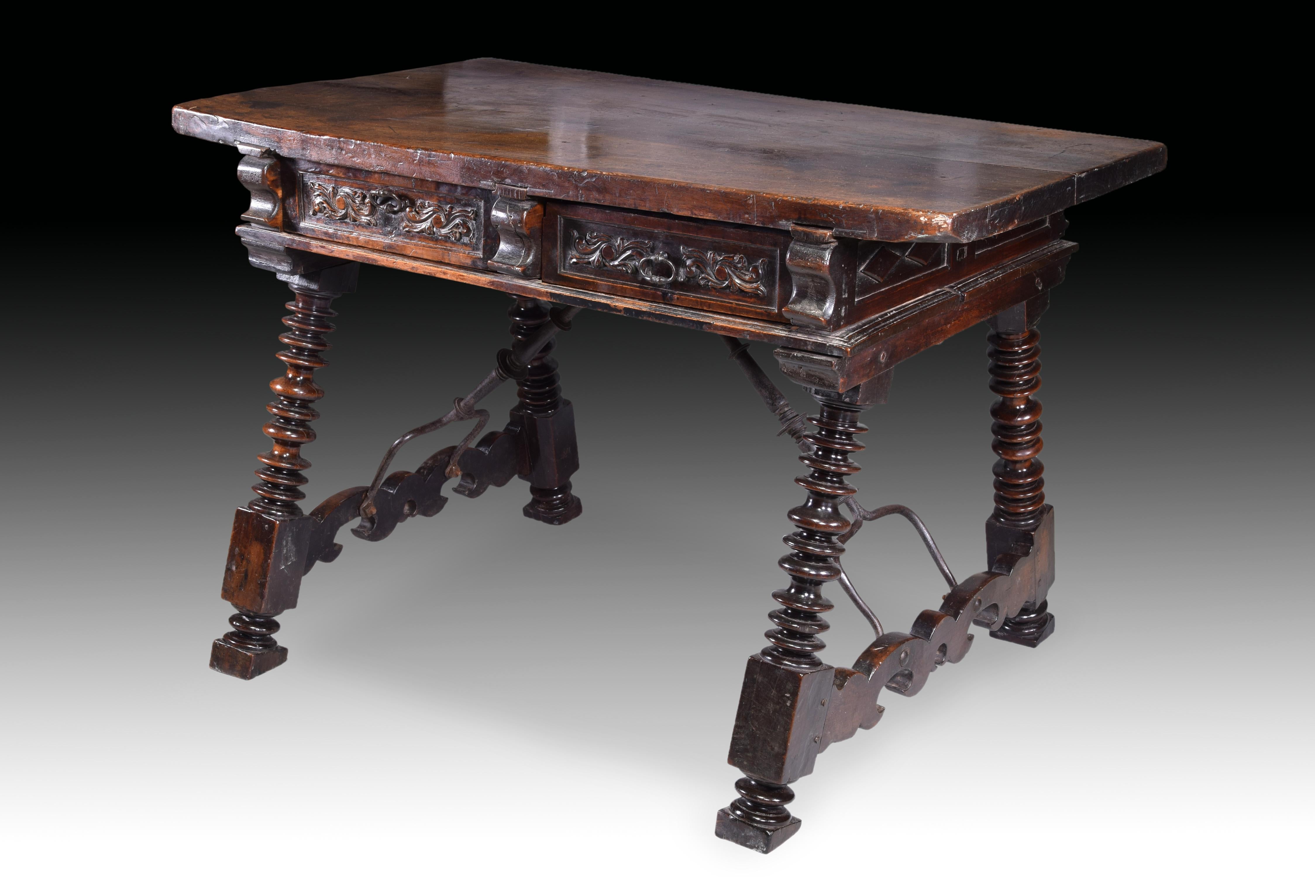 Baroque Table, Walnut, Wrought Iron, Spain, 17th Century For Sale