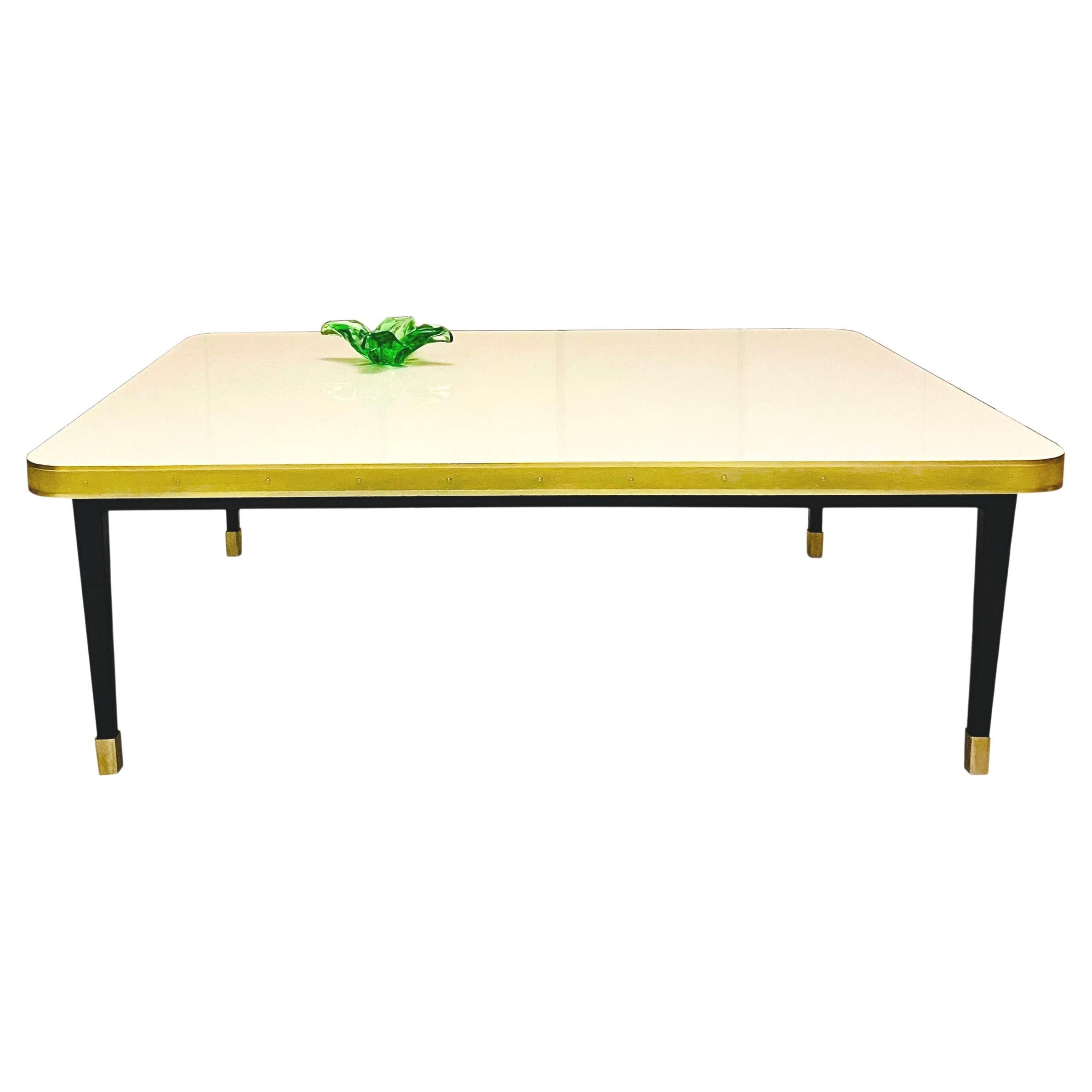 Low Table High Gloss Top, Brass Tape Framed, Black Conical Legs Brass End Medium For Sale