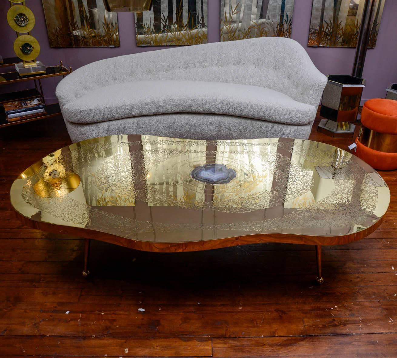 Modern Low Table in Engraved Brass and Agate Stone