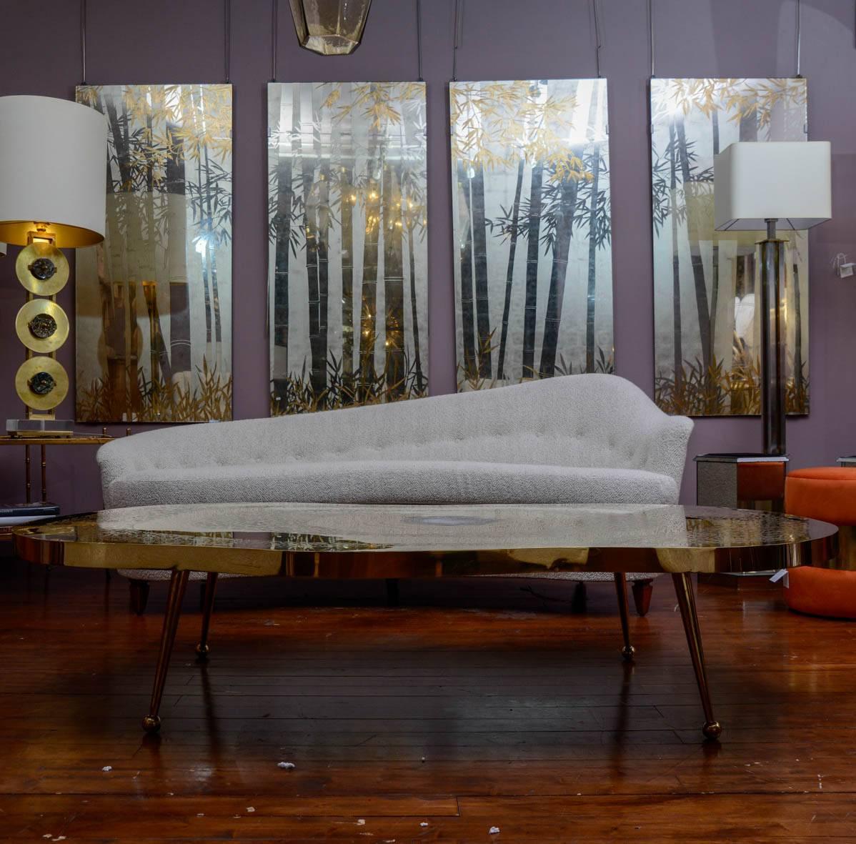 French Low Table in Engraved Brass and Agate Stone