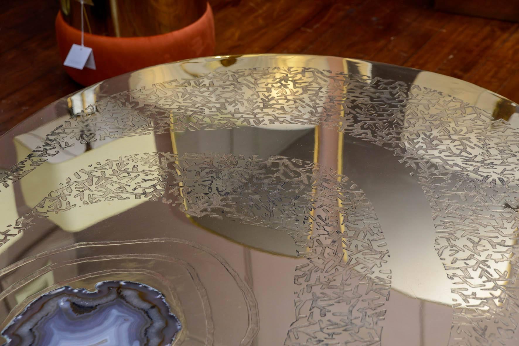 Contemporary Low Table in Engraved Brass and Agate Stone