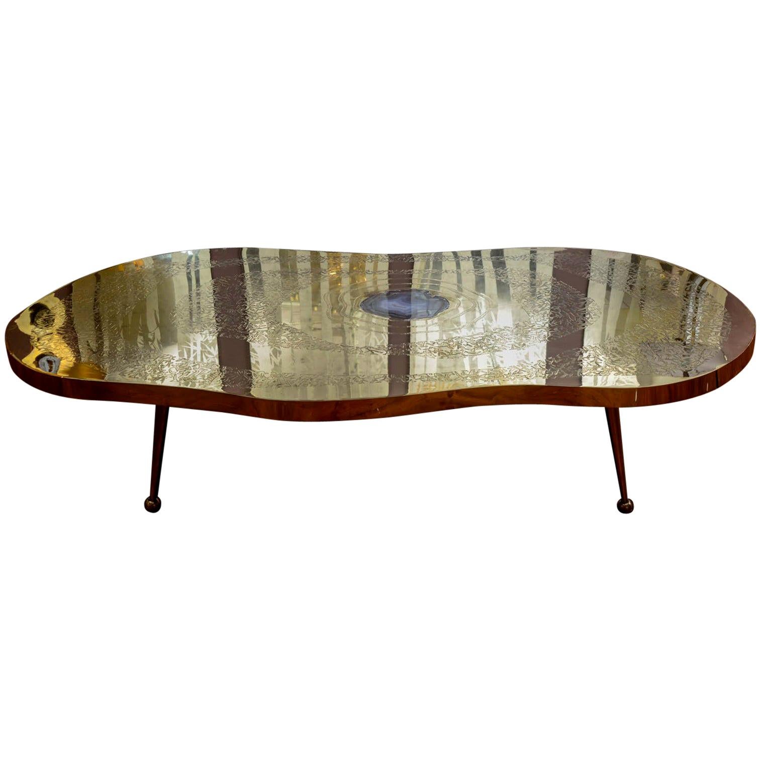 Low Table in Engraved Brass and Agate Stone