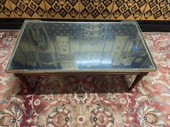 Low Table Louis XVI Style – Tooled Leather, Openwork Brass, Glass Top