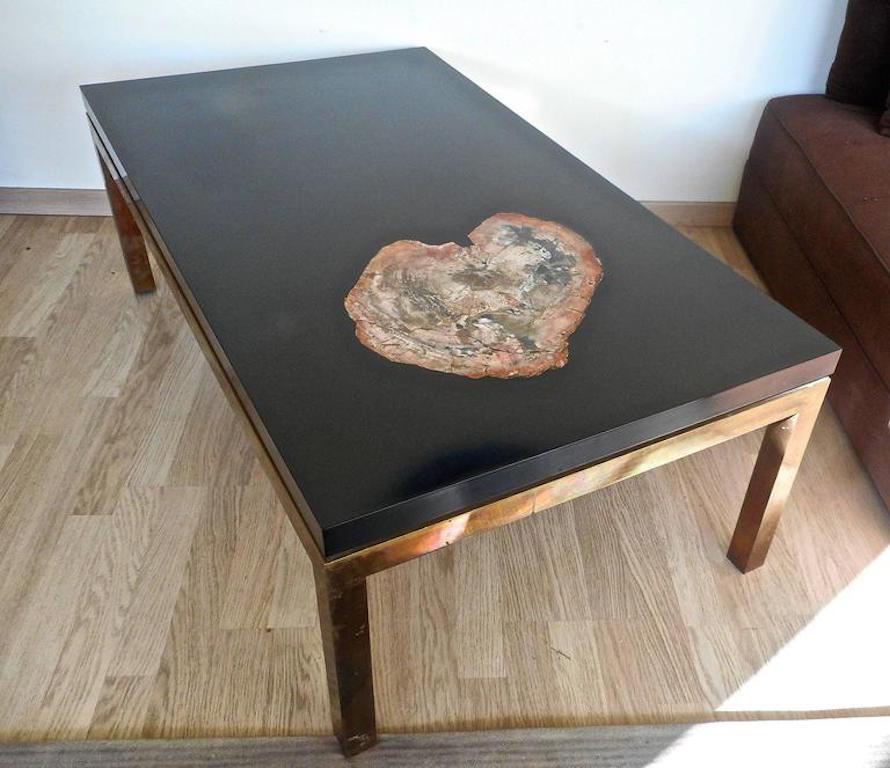 Mid-Century Modern Low Table with a Petrified Wood Inlay by Philippe Barbier, France, 1970 For Sale